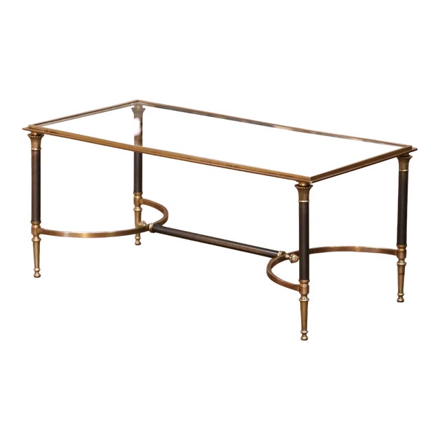 Mid-Century French Maison Jansen Brass and Steel Coffee Table With Glass Top For Sale