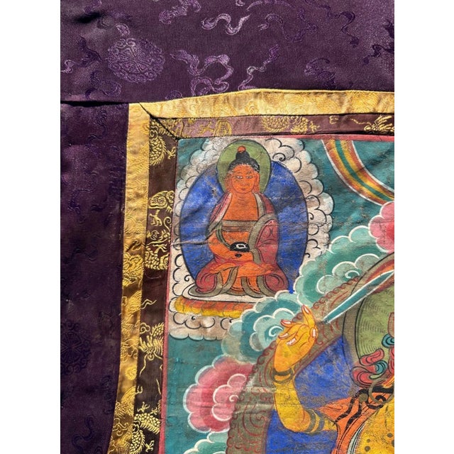 Antique 19th Century Tibetan Manjushri Thangka – Bodhisattva of Wisdom in Custom Silver Gilt Frame For Sale - Image 10 of 18