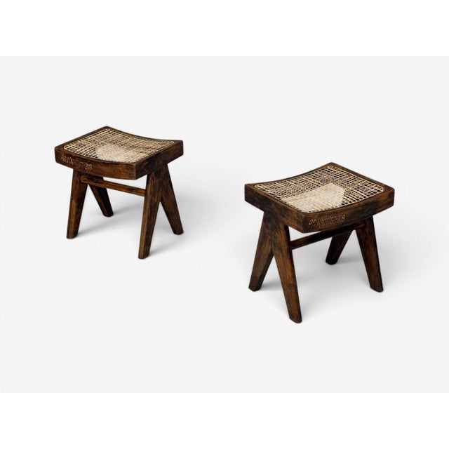 1960s Pierre Jeanneret, Low Cane Stools, Teak, Cane, Chandigarh, India, 1960s For Sale - Image 5 of 13