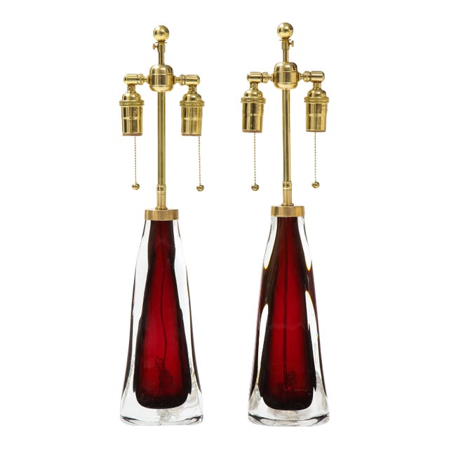 Large Ruby Red Orrefors Lamps - A Pair For Sale