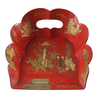 Antique Chinoiserie Red Paper Mache Crumb Tray For Sale
