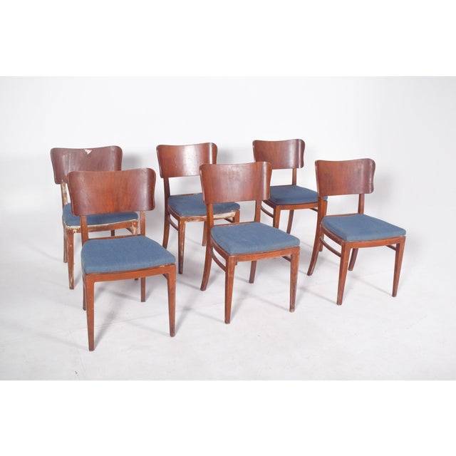 Mid-Century Modern Danish Blue Upholstered Dining Chairs, 1950, Set of 6 For Sale - Image 3 of 10