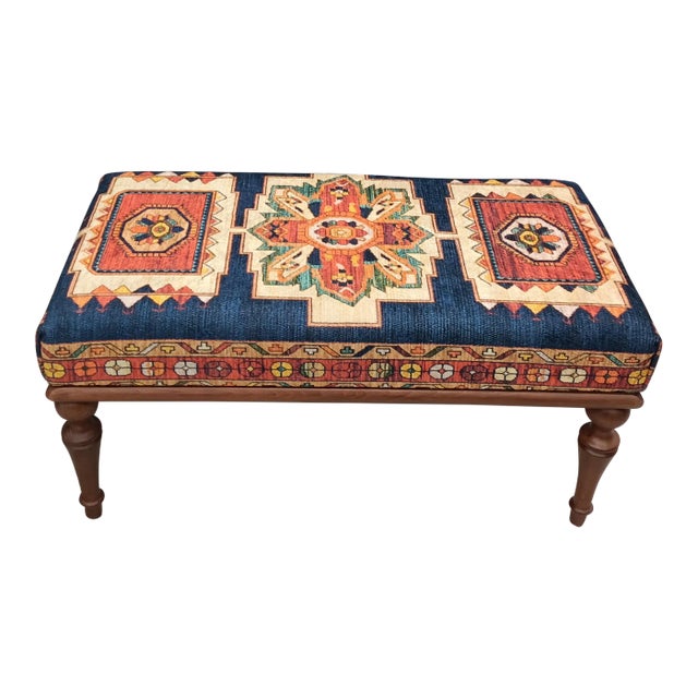 Ink Blue Printed Rug Fabric Upholstered Ottoman Bench For Sale