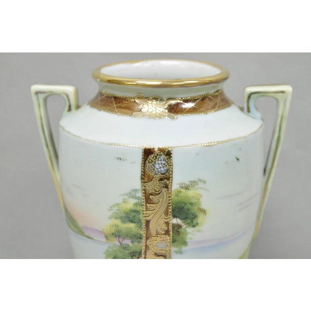 Antique Nippon Hand Painted Porcelain Twin Handled Vase W/ Swan & Lake Scene For Sale - Image 10 of 16