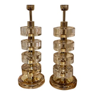 Pair of Modern Gold Murano Glass and Brass Disc Lamps For Sale