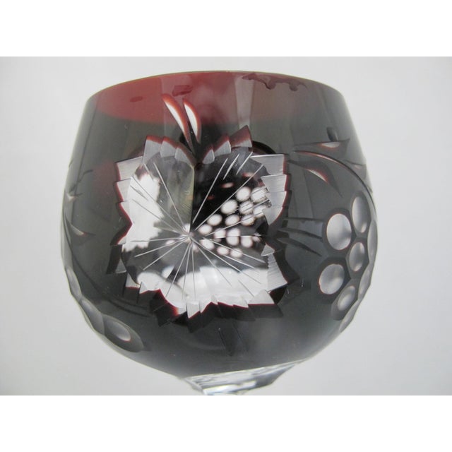 Bohemian Cobalt Blue & Red Grape Cut Crystal 8 1/2" Hock Wine Glass Pair For Sale - Image 13 of 15