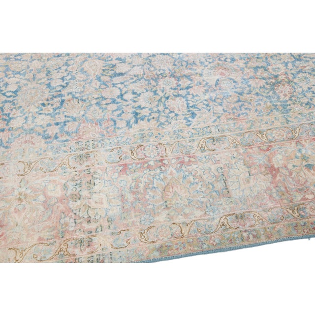 Navy Blue 1960s Vintage Kerman Shabby Chic Navy Blue Handmade Floral Wool Rug For Sale - Image 8 of 11