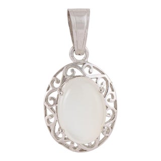 Bohemian Natural Oval Rainbow Moonstone & Sterling Silver Filigree Pendant For Sale