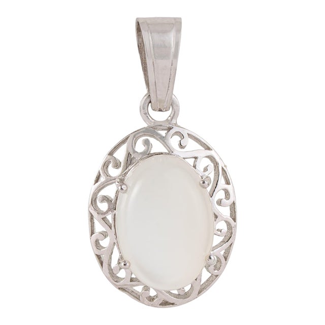 Bohemian Natural Oval Rainbow Moonstone & Sterling Silver Filigree Pendant For Sale