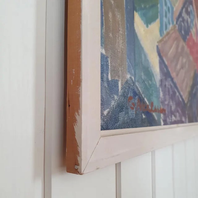 1950s Mid Century Swedish Modernist Cityscape Oil Painting by G. Axelsson For Sale - Image 15 of 18