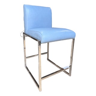 Palecek Blue Leather Counter Stool With Stainless Steel Legs For Sale