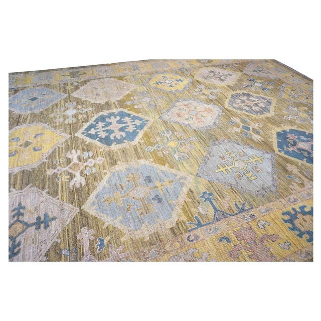 21st Century Turkish Oushak Wool 11x17 Taupe, Yellow & Blue Handmade Area Rug #1144079 For Sale - Image 9 of 13