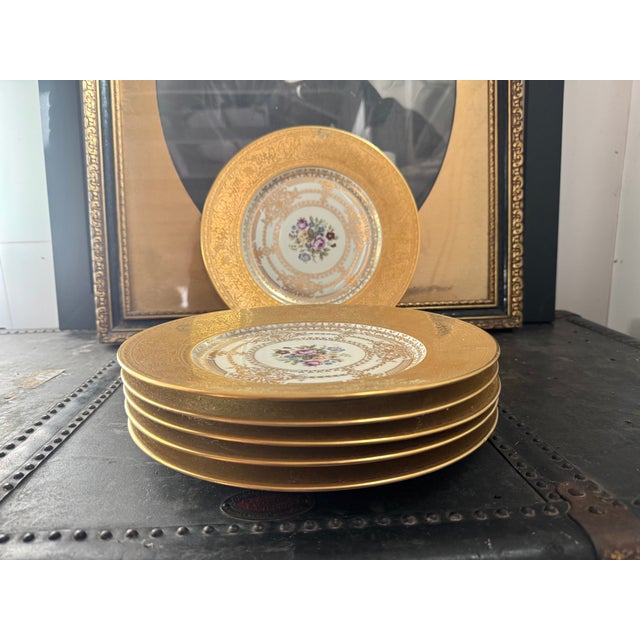 1920s Czechoslovakian Six Gold Encrusted Porcelain Plates | Antique Dinner Plates I Bohemian I Housewarming I Art Deco I Gold Gilded Border For Sale - Image 10 of 14