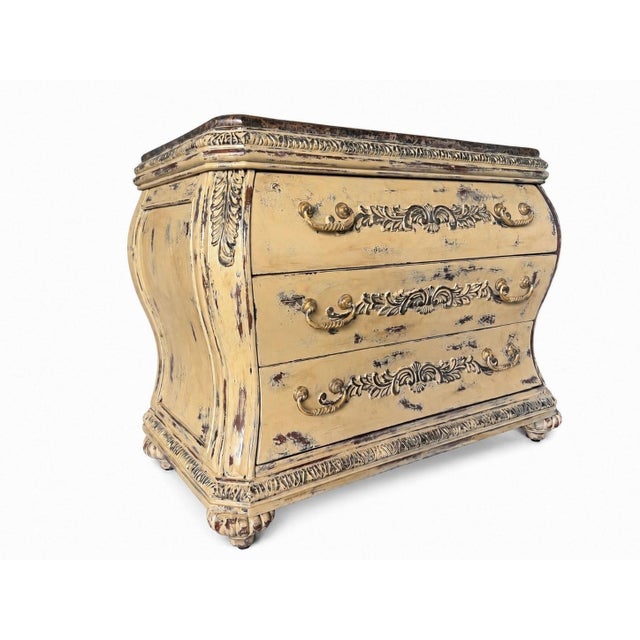 French Provincial Chest of Drawers • Distressed Cream Dresser • Caramel Marble Top •Carved Solid Wood • 3 Drawer Vintage Furniture For Sale - Image 4 of 6