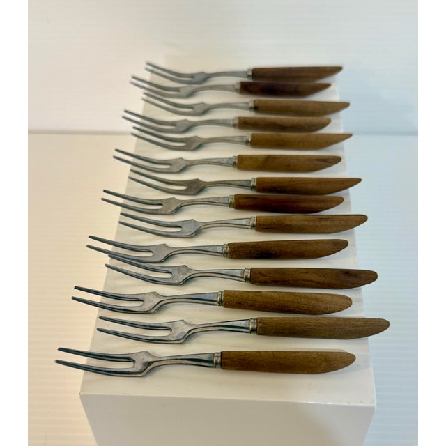 Mid-Century Modern Vintage Japanese Mid-Century Stainless & Wood Cocktail Forks — Set of 12 For Sale - Image 3 of 12