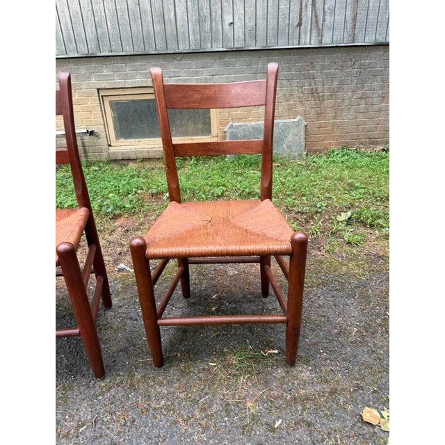 Vintage Early American Shaker Style Solid Wood Ladder Back Rush Seats Dining Chairs For Sale - Image 15 of 16
