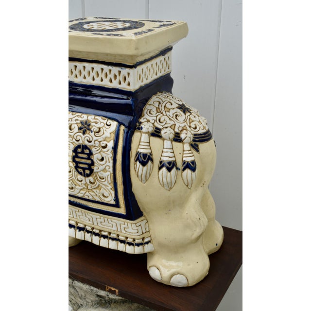 Chinese Ceramic Elephant Garden Stool Side Table Plant Stand Chinese Cream Blue For Sale - Image 3 of 15