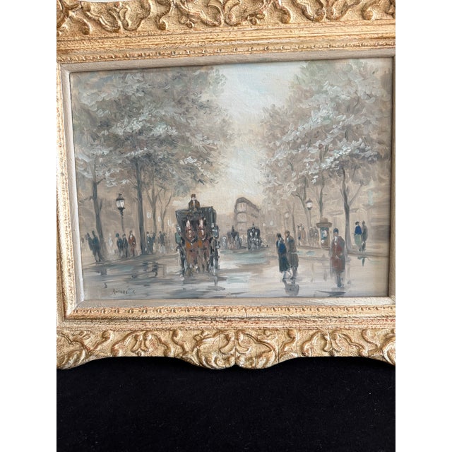 Beautiful Impressionist painting featuring elegantly-dressed Parisians out for an afternoon stroll. The people walk along...