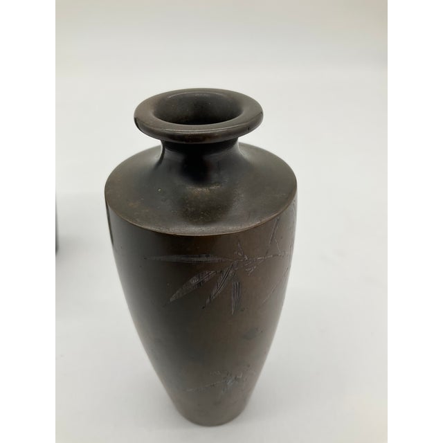 Set of 2 small antique Japanese silver inlaid bronze vases, with bamboo motif from the Meiji period (1868-1912). Both...