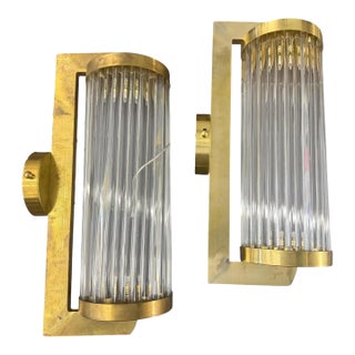 Two 1980s Art Deco Style Brass and Glass Italian Theater Wall Sconces For Sale