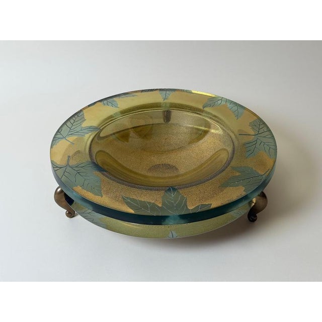 Large Art Glass Centerpiece Bowl with Brass Stand, 2000 For Sale - Image 6 of 18