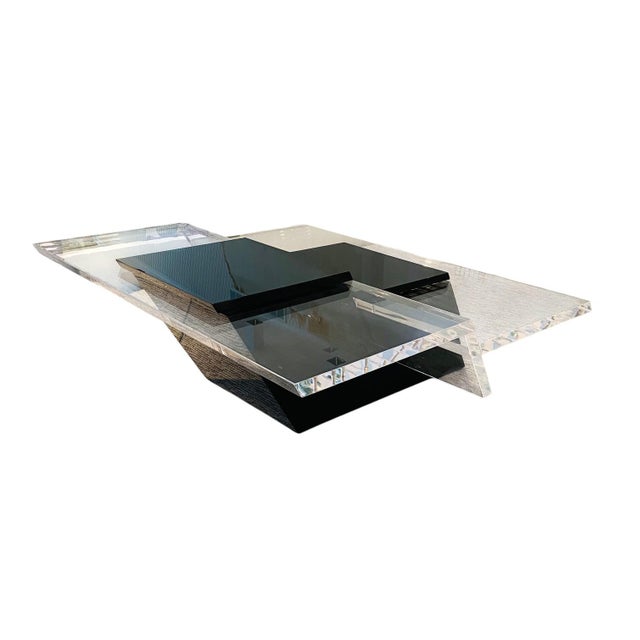Plastic 1970s Mid-Century Modernist Black & Clear Lucite Two-Level Rectilinear Cocktail Table For Sale - Image 7 of 12