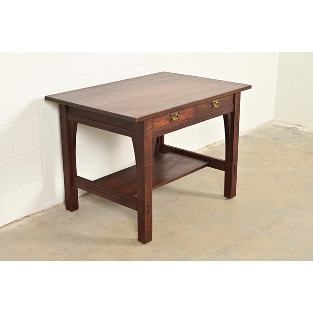 Gustav Stickley Mission Oak Arts & Crafts Writing Desk or Library Table, Circa 1910 For Sale In South Bend - Image 6 of 14