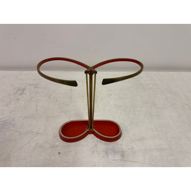 Vintage Brass and Red Metal Umbrella Stand, 1950s For Sale - Image 3 of 9