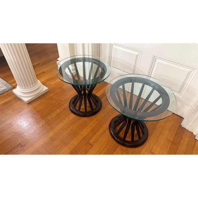 Wood Mid 20th Century Pair of Edward Wormley Sheaf of Wheat Round Side Tables for Dunbar For Sale - Image 7 of 16