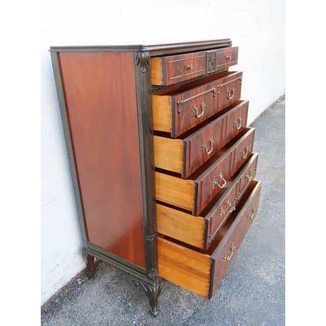 Wood Early 1900s Carved Flame Mahogany Tall Chest of Drawers 6324 For Sale - Image 7 of 12