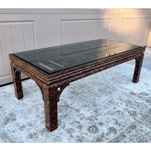 1980s Vintage Burl Finish Chinoiserie Coffee Table With Glass For Sale - Image 5 of 12