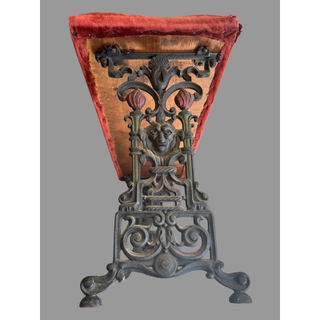 Antique Cast Iron Upholstered Bench Red Velvet Seat Victorian Gothic Hall Bench For Sale - Image 4 of 10