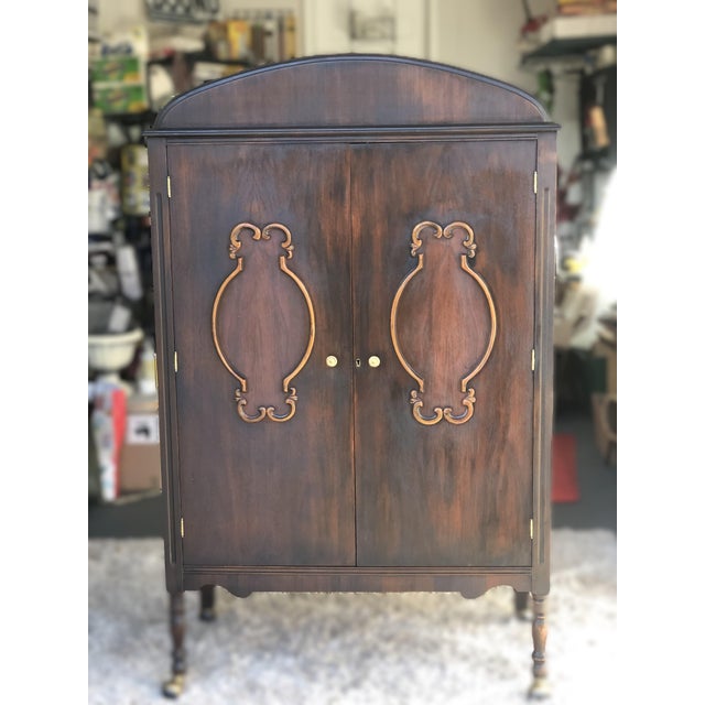 Brown Antique Art Deco Mahogany Chifforobe — Cedar Lining, Carved Doors, Brass Casters, C. 1930s–1940s For Sale - Image 8 of 11