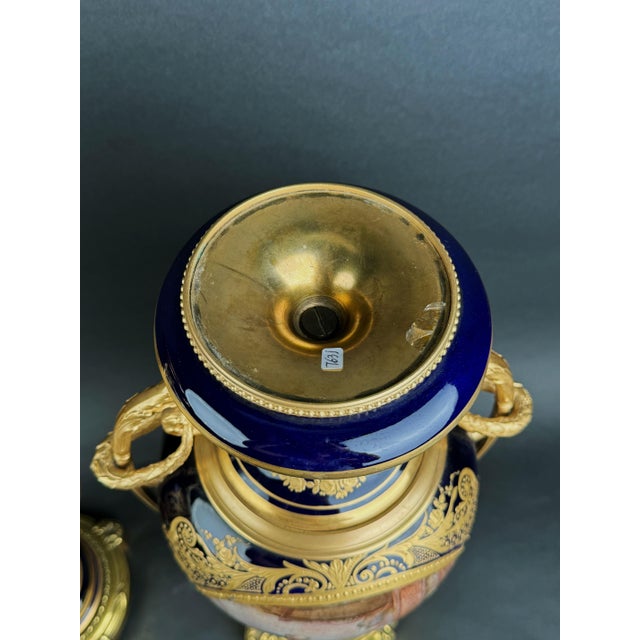 Black Pair of Sevres Ormolu Mounted Cobalt Ground Porcelain Vases For Sale - Image 8 of 9