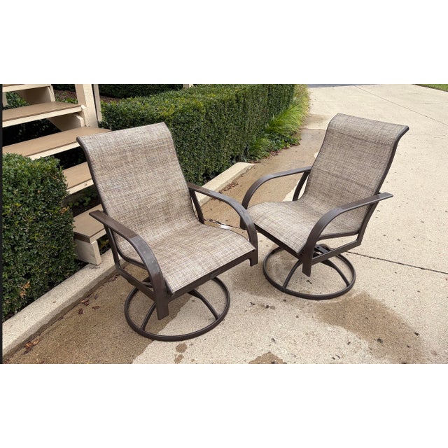 Modern Outdoor Swivel Tilt Metal Dining Chairs With Sling Style Acrylic Fabric, 1 Piece For Sale - Image 3 of 5