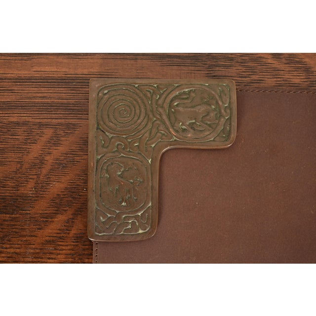 Tiffany Studios New York Zodiac Pattern Bronze Blotter Corners With Leather Desk Blotter For Sale In South Bend - Image 6 of 14