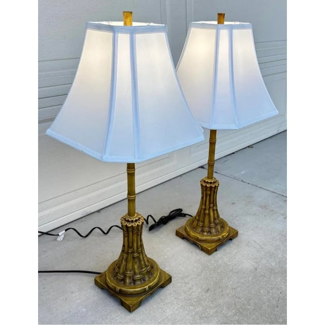 Tan Vintage Regency Chinoiserie Faux Bamboo Metal Table Lamps For Sale - Image 8 of 12