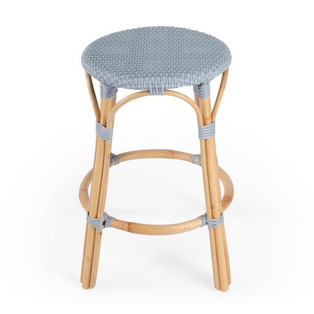 Spritely Home Accent Furniture Tobias 24 in. Seat Height Round Rattan Backless Counter Stool, Baby Blue/ Natural Rattan Frame For Sale - Image 4 of 8
