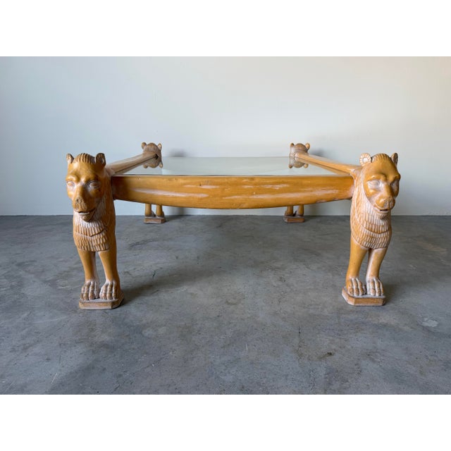Hollywood Regency Vintage Egyptian Revival Hand-Carved Wood Lion Coffee Table With Inset Glass Top For Sale - Image 3 of 12
