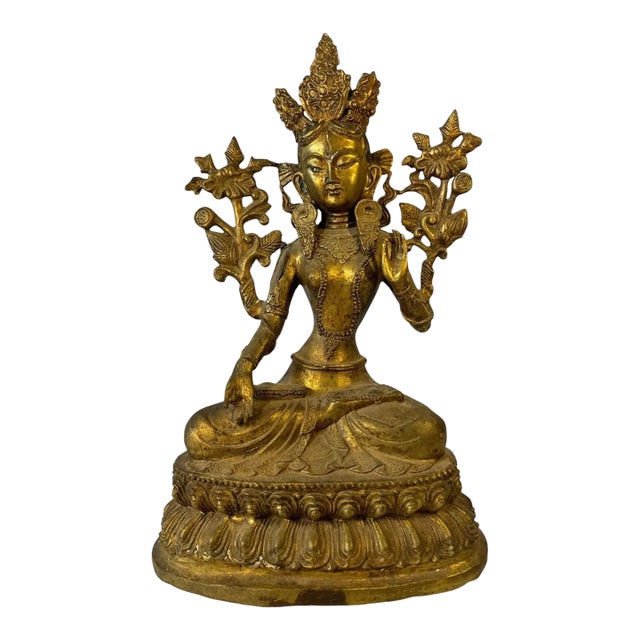 Large Antique Nepali Gilt Bronze Green Tara Sculpture, Late 18th–Early 19th Century For Sale