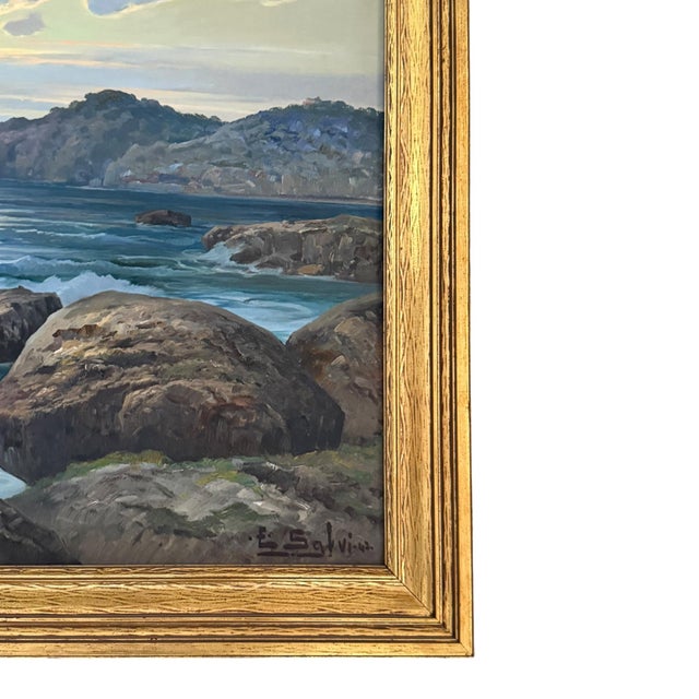 Emilio Salvi Signed Oil on Board “Capri” Seascape Painting in Gilt Frame For Sale In Los Angeles - Image 6 of 13
