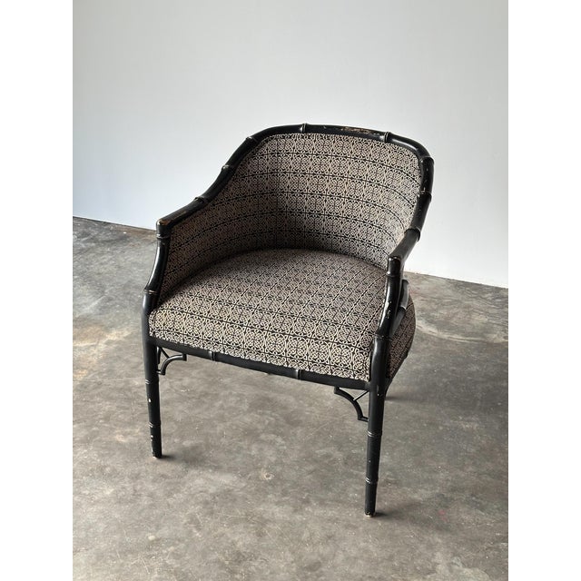 Vintage Black Lacquered Faux Bamboo Barrel-Back Armchair For Sale - Image 4 of 18