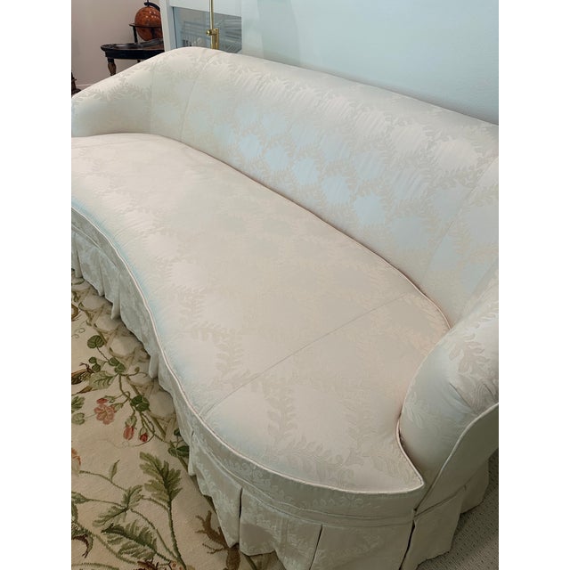Vintage Curved Skirted Sofa Reupholstered in Ivory Silk Damask For Sale - Image 12 of 13