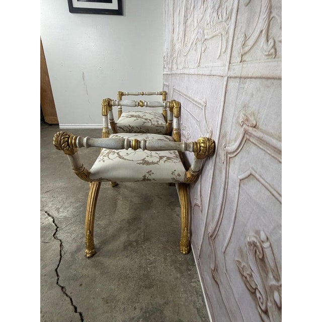 Mid 20th Century Pair of Italian Neoclassical Curule Stools W/ Fortuny Upholstery For Sale - Image 5 of 17
