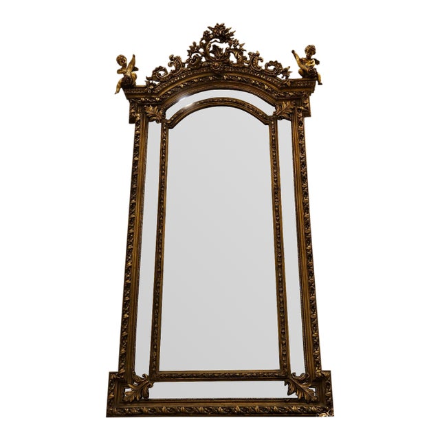 Grand French Rococo Wall Mirror With Cherub Crest & Ornate Gilded Frame – Monumental Statement Mirror For Sale