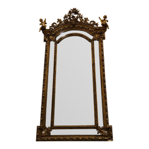 Grand French Rococo Wall Mirror With Cherub Crest & Ornate Gilded Frame – Monumental Statement Mirror