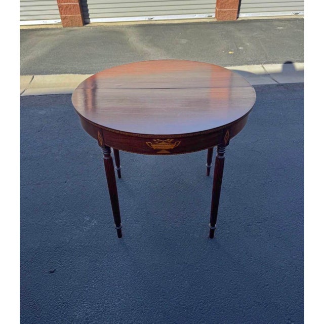 Sheraton-Style Demilune Flip-Top Console / Game Table With Urn Inlay For Sale - Image 4 of 6