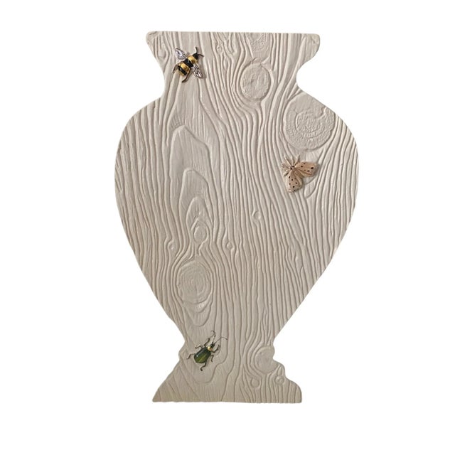 Handmade faux bois textured ceramic Silhouette vase with sculpted hand painted bee with 22 karat gold detail, moth, and...