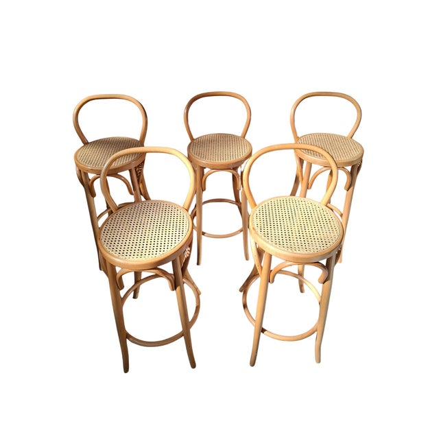 Stools in Bentwood and Vienna Straw in the style of Thonet, 1970s, Set of 5 For Sale - Image 3 of 14