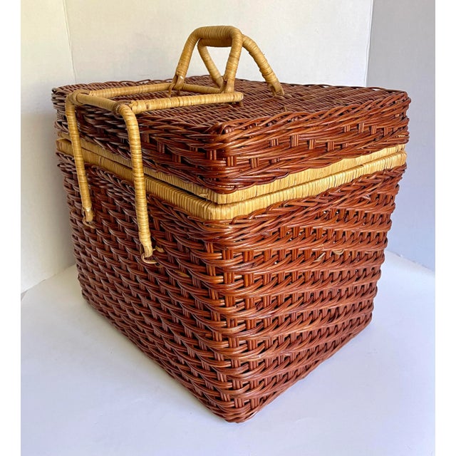 Brown Vintage Woven Wicker Basket With Picnic Accessories- 22 Pieces For Sale - Image 8 of 13